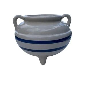 Robinson Ransbottom Co USA Stoneware Tripod Bean Pot Planter Blue Stripes Cream